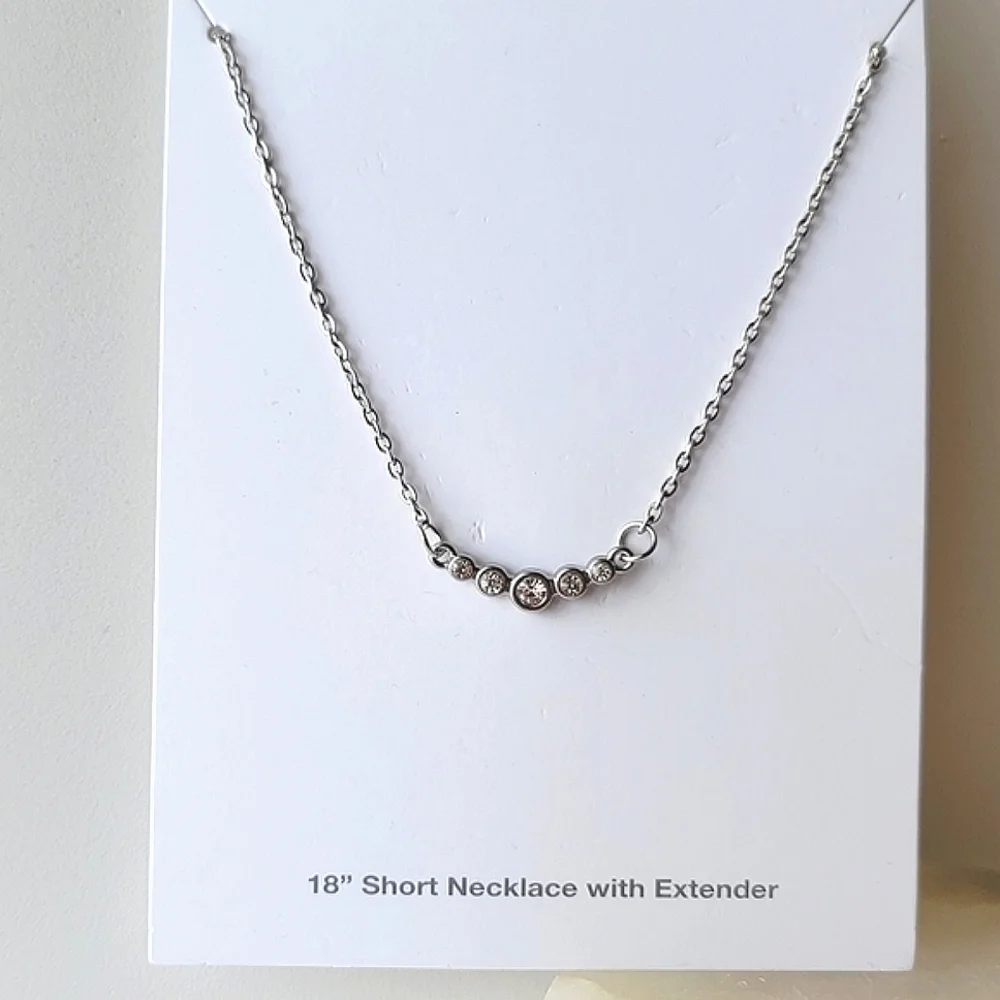 Faux Diamond Necklace Silver Tone Faceted Crystal